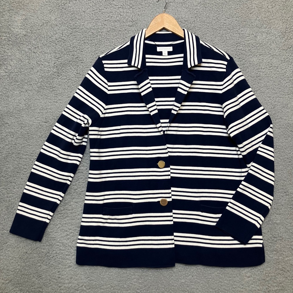 Charter Club Knit Blazer Women L Navy White Striped‎ Gold Button Preppy Coastal